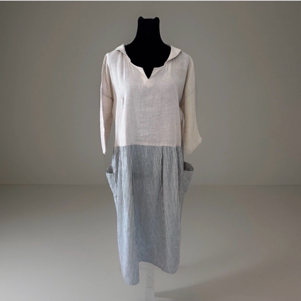 Samansa Mos2 SM2 Dress Hemp Cotton Sz M Tan Blue Stripe Slouch Pockets Lagenlook